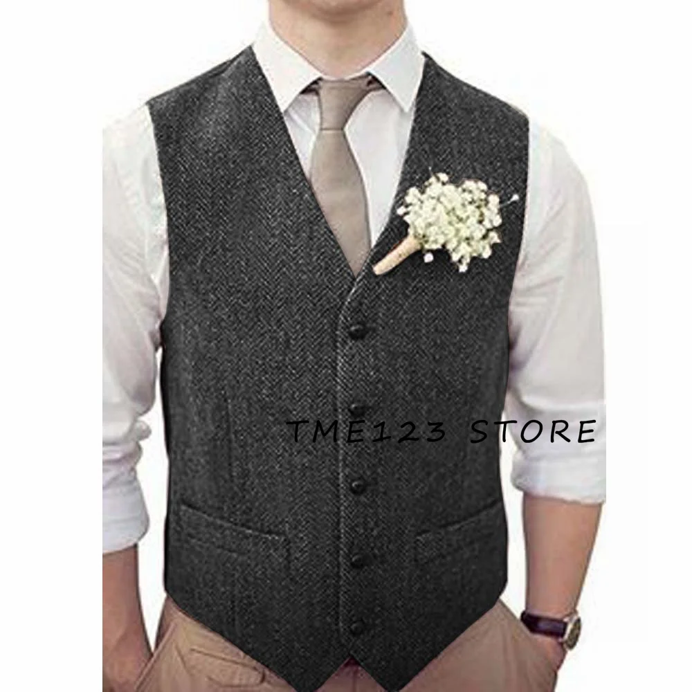 Men's Herringbone V-Neck Single Breasted Wedding Vest Formal Man Suit Jackets Male Vests Elegant Suits Waistcoat