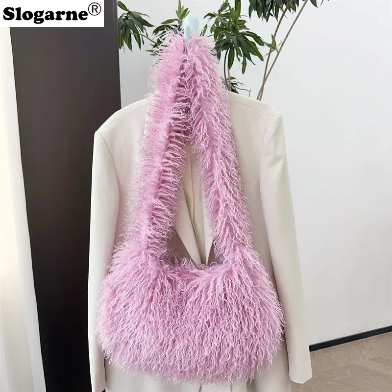 Women Fashion Faux Mongolia Sheep Fur handbags Beach Faux Wool Fur Shoulder Bag Ladies Faux Furs Handbag Luxury Crossbody Bags