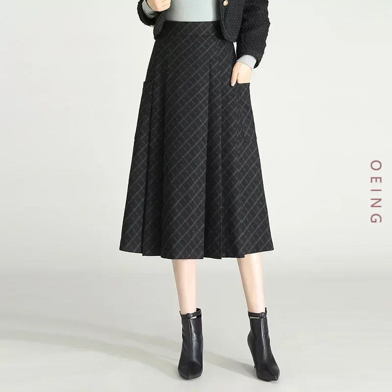 

Autumn Winter Thick Plaid Woolen Skirt Women Vintage Elegant Elastic High Waist Loose Casual Long Skirts Office Lady M-3XL 70091