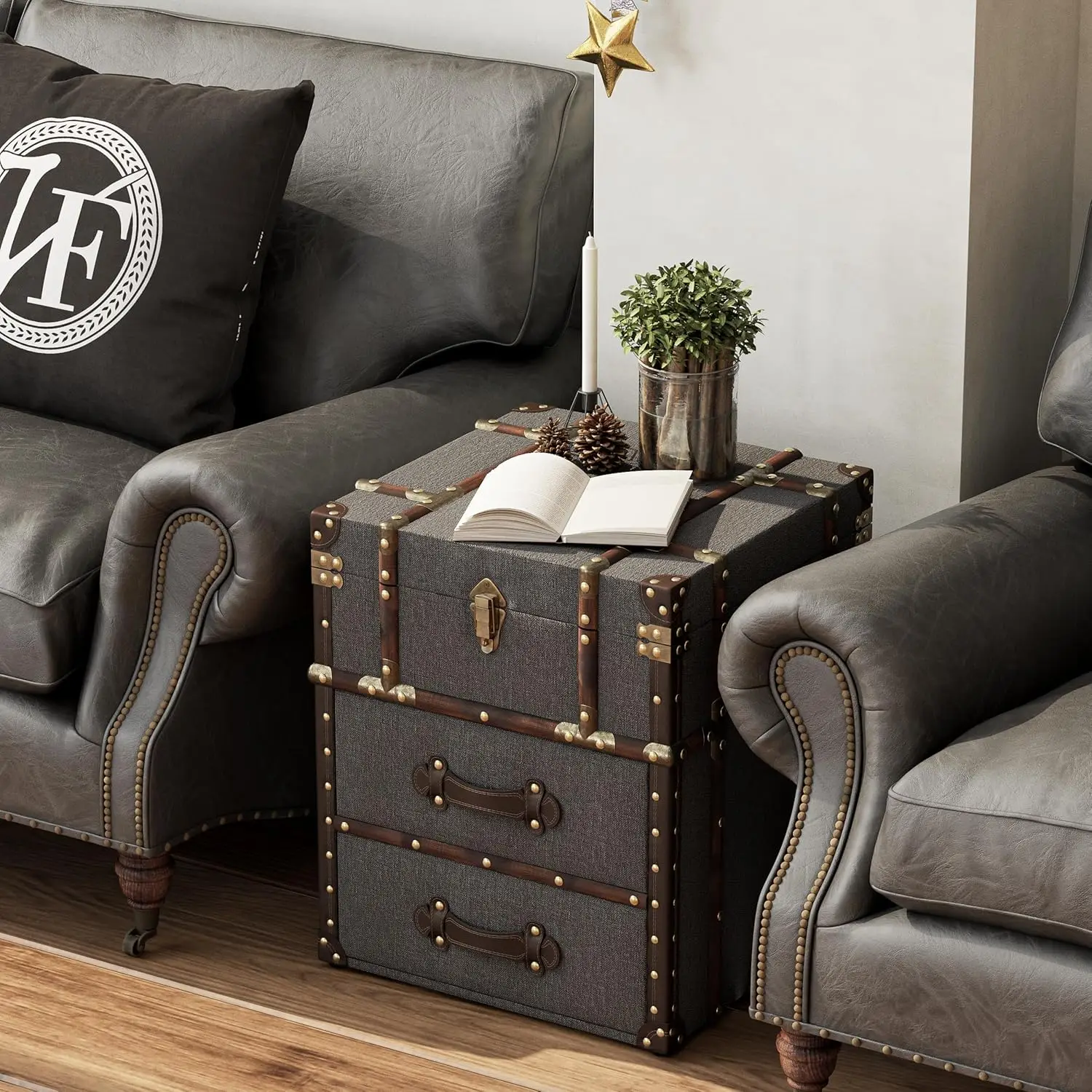 Storage Chest with Buckle Hinged Top, Linen Accent End Side Table for Living Room, Office, Bedroom, Rectangle, Grey