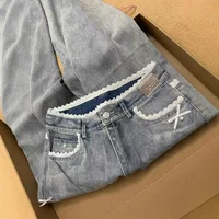 Light Blue American Lace Butterfly Knot Wide Leg Pants High Waist Straight Cut Floor Length Women's Jeans High Waist Jeans