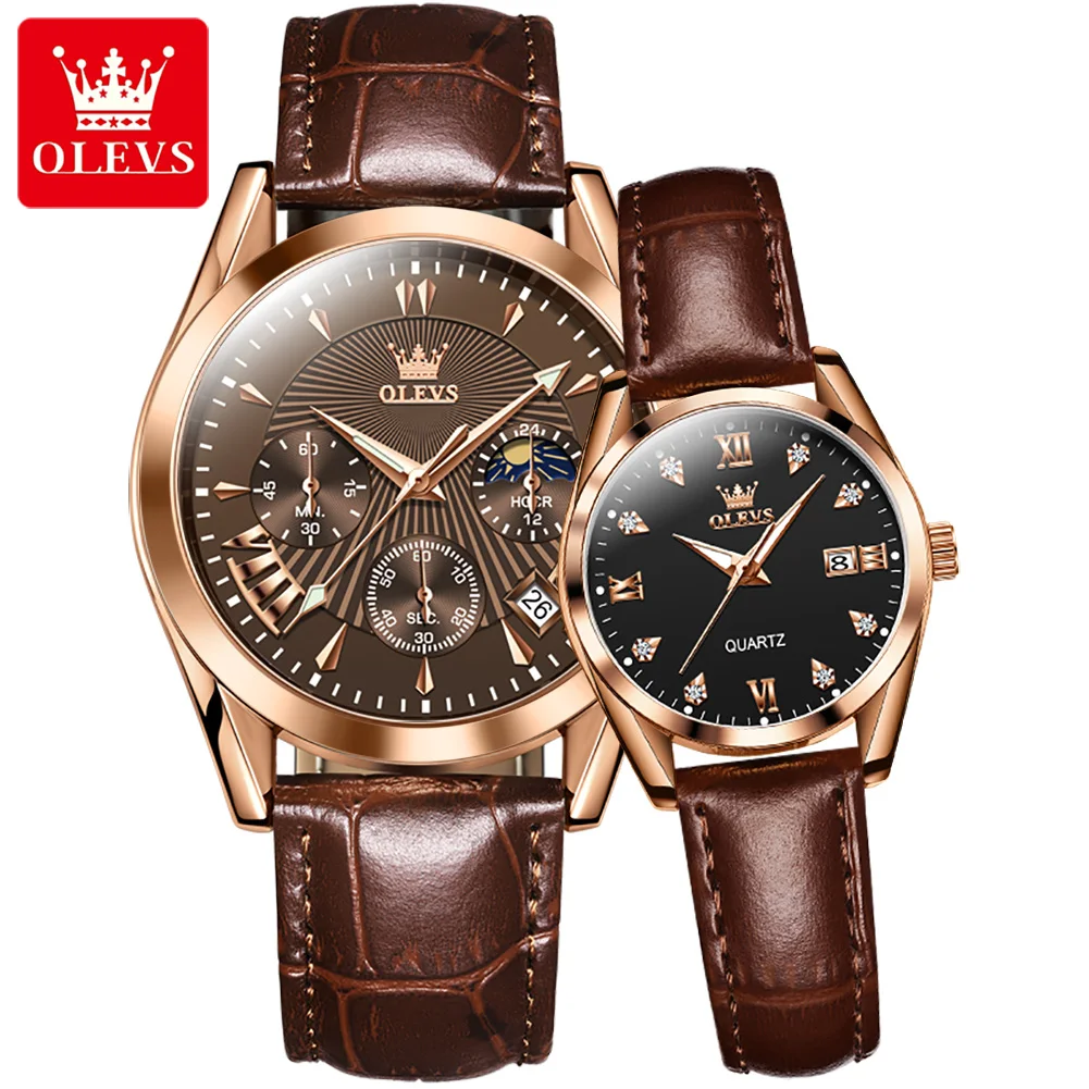 

OLEVS Couple Watches Fashion Brand Luxury Leather Wristwatches Casual Lovers Quartz Women Men Watch Waterproof Relogio Masculino