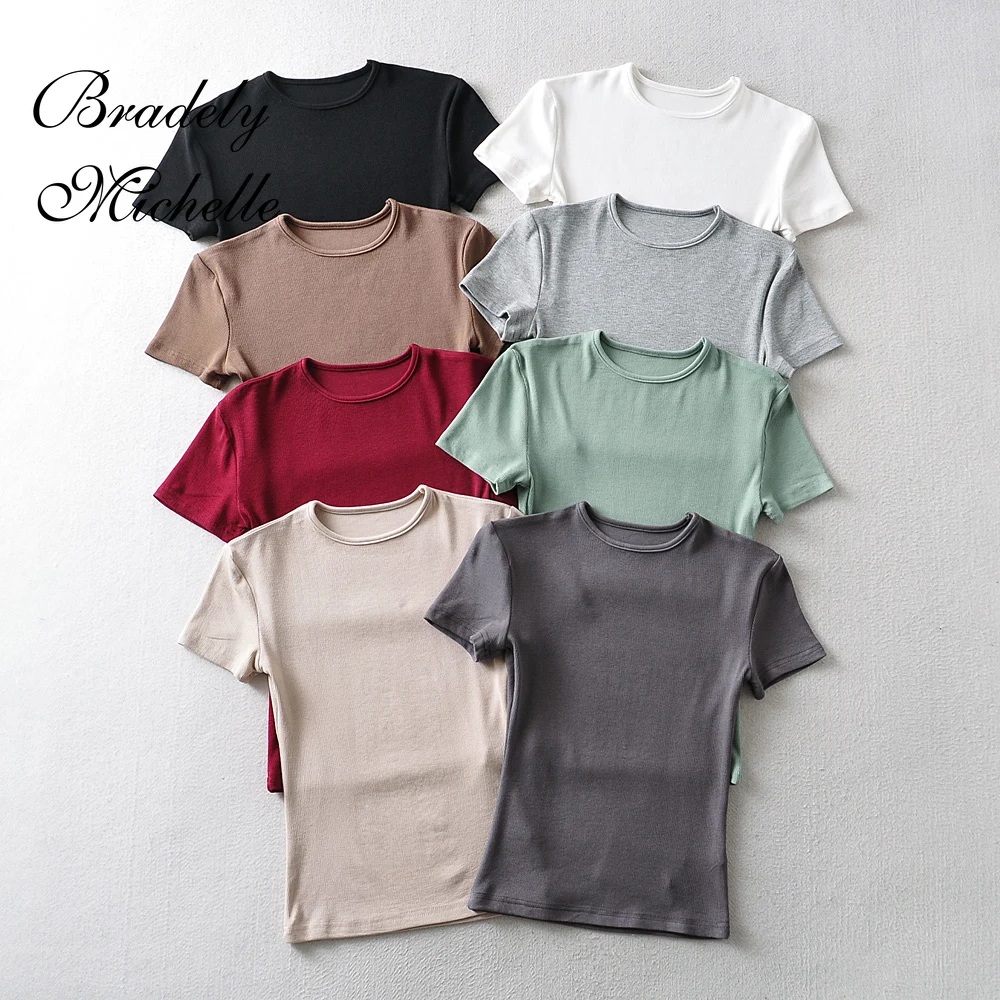 Bradely Michelle Casual Summer Woman Skinny Fit T-shirt Tight Short-Sleeve O-neck Tee Basic Solid Crop Tops T Shirt