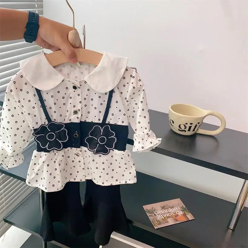 

Spring Autumn Children Girl 2PCS Clothes Set Flower Print Cotton Turn Down Collar Shirt Flared Black Pants Suit Kid Girl Outfits