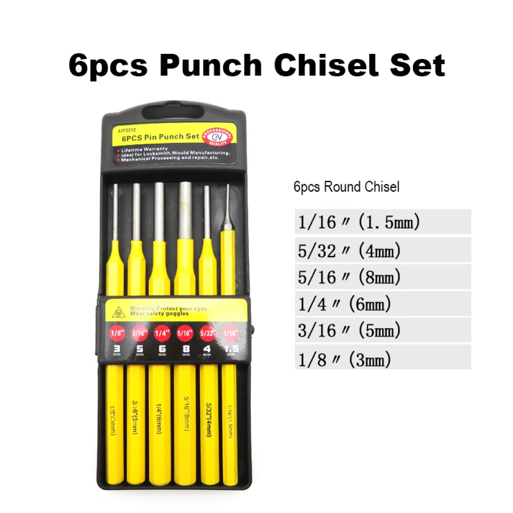 

5/6pcs Durable Punch and Chisel Set Chrome Vanadium Steel (CR-V) Pin Punch Set Powder Coated Woodworking Flat Drill Chisel