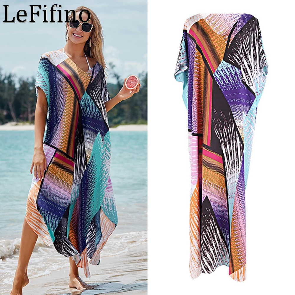 

Summer Colorful Flower Block Positioning Printing Beach Vacation Robe Loose Fitting Dresses Sunscreen Long Skirt Bikini Cover Up