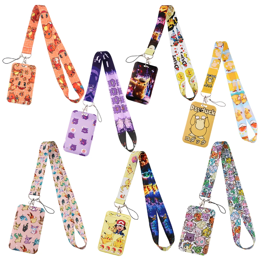 Cartoon Keychain Gengar Phone Neck Strap ID Card Badge Holder Charmander Squirtle Pikachu Lanyard Keyrings Anime Accessories merry christmas cartoon cats neck strap lanyards id badge card holder keychain mobile phone strap gift ribbon webbing necklace