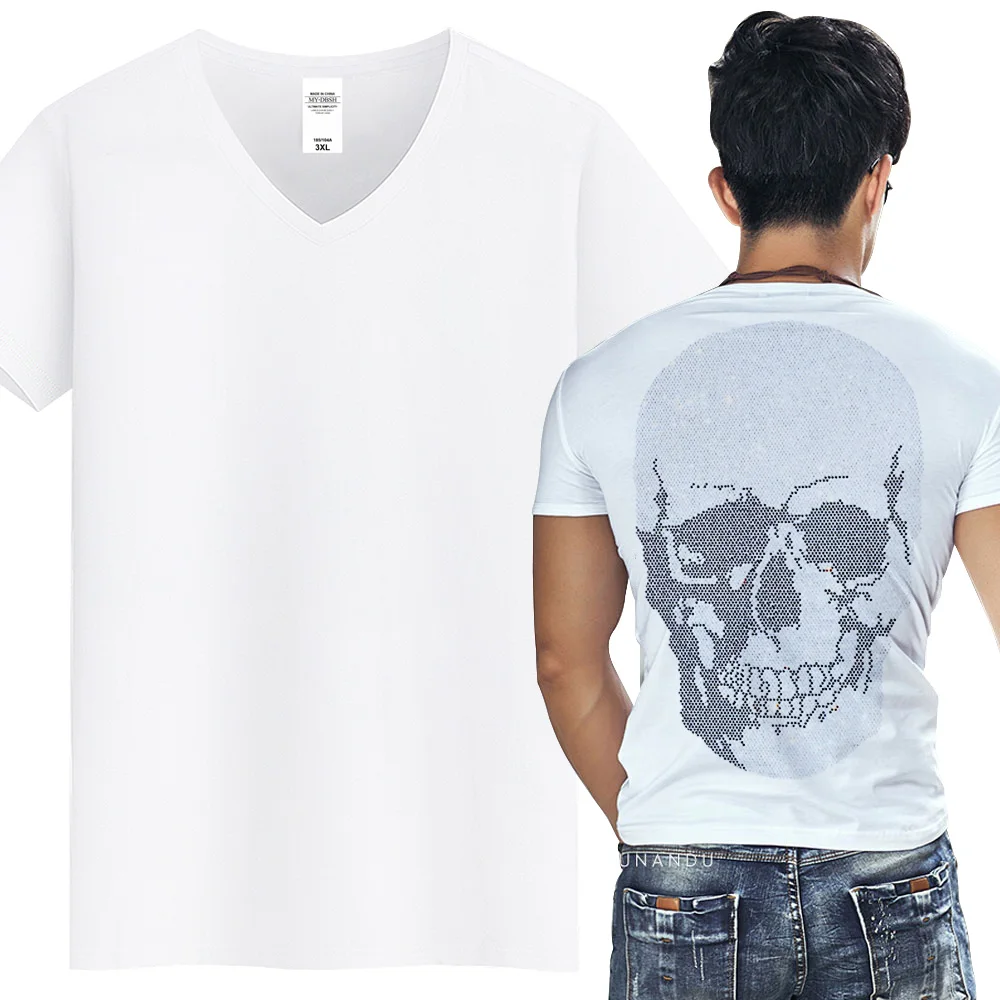 Hip Hop Rhinestone T Shirt Men Skull Print Streetwear