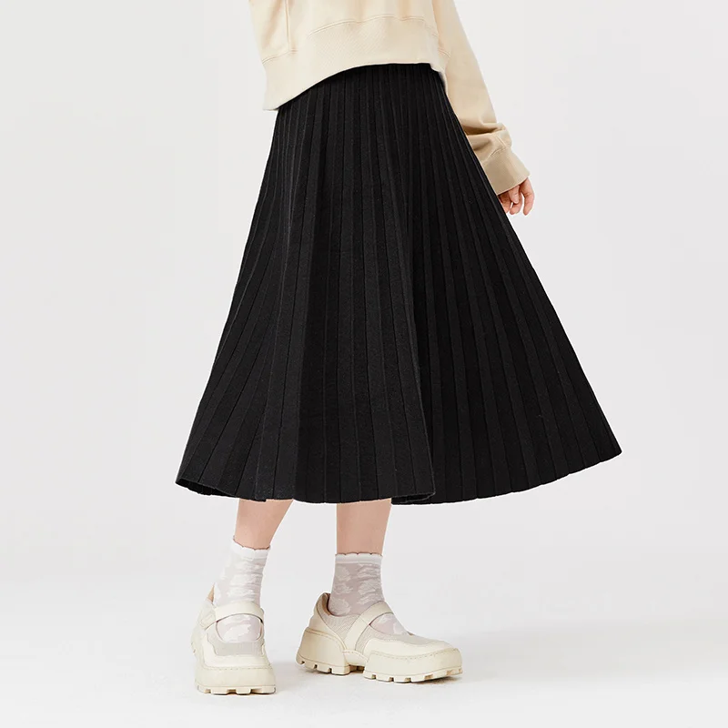 

Semir Skirt Women Mid-Length A-Line Solid Color Knitted Elegant 2023 Winter New Pleated Umbrella Skirt