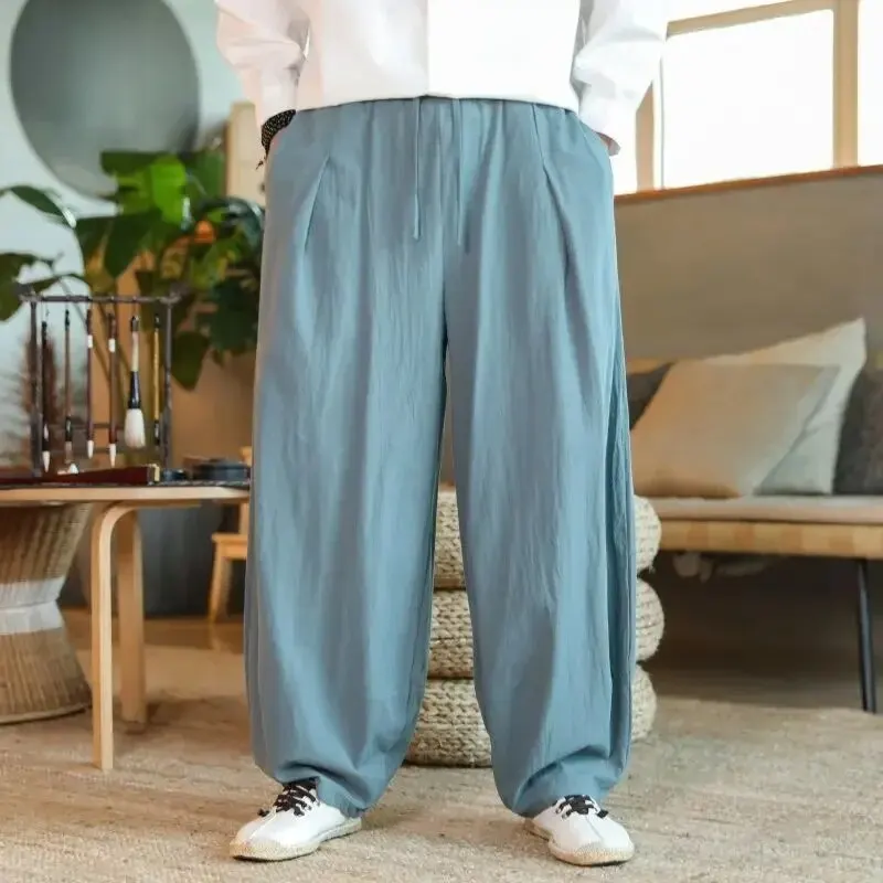 중국 스타일 코튼 린넨 루즈핏 남성 바지, 벨 하의, 캐주얼 바지, 여름