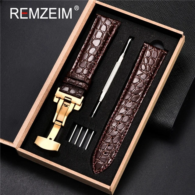 Luxury Embossed Leather Watch Strap with Butterfly Clasp