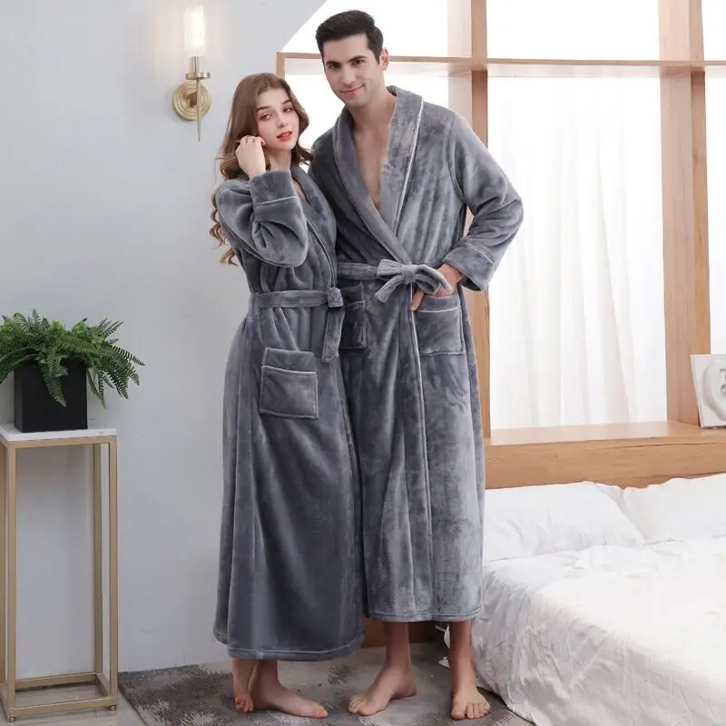 Men Luxury Winter Super Long Thick Warm Pocket Flannel Bathrobe Plus Size Fleece Kimono Bath Robe Couple Night Dressing Gown
