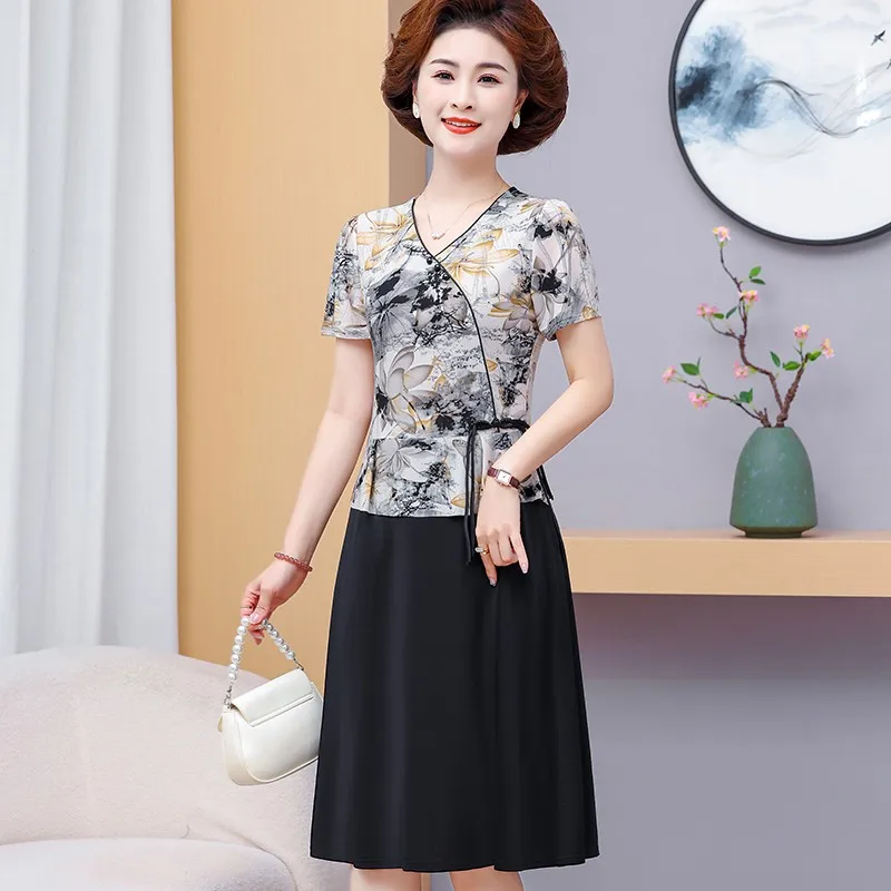 

Summer Vintage Women's Floral O-Neck Button Color Blocking Elegant Fashion Slim Short Sleeve Printed Medium Length Dress