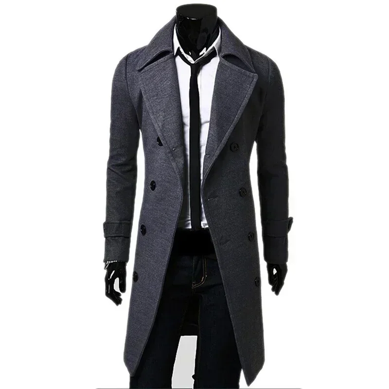 Mens Double Breasted Trench Coat Wool Blend Autumn Winter Solid Casual Slim Fit Long Jacket Wool Coat Fashion Mens Clothing wool overcoat