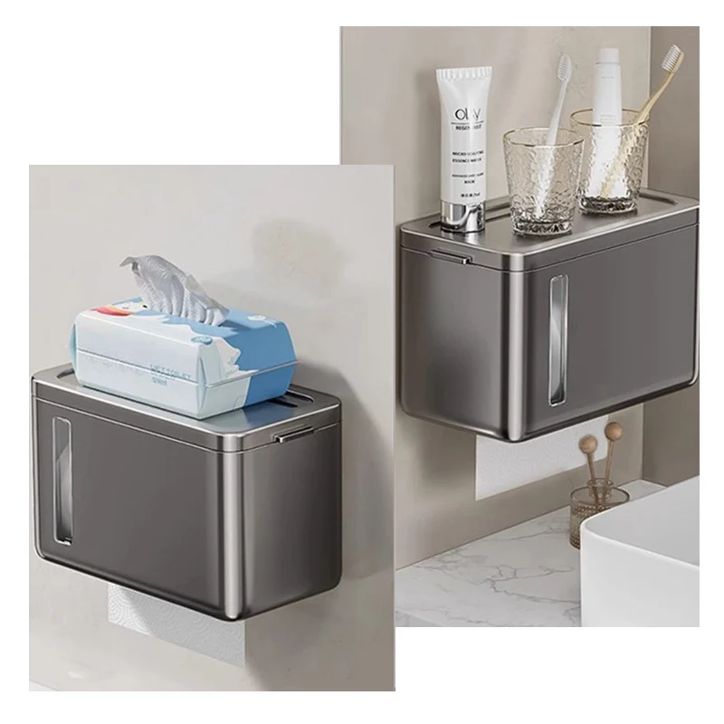Toilet Paper Holder Tissue Box Wall Mounted Tissue Box Waterproof Toilet Paper Holder with Shelf for Bathroom Kitchen Storage Organizer Plastic Dispenser