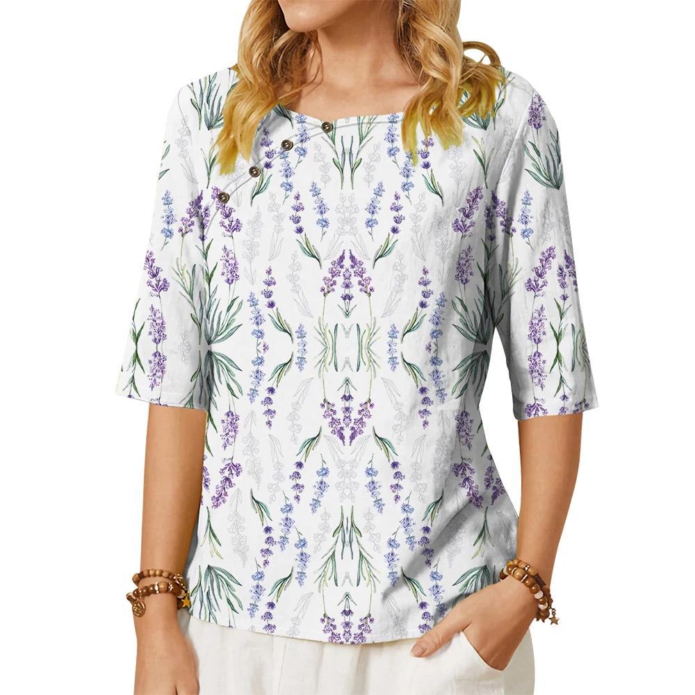 

Женская футболка CLOOCL, красивая Лавандовая 3D футболка с графическим принтом, украшенная пуговицами, Свободная Женская Повседневная футболка средней длины