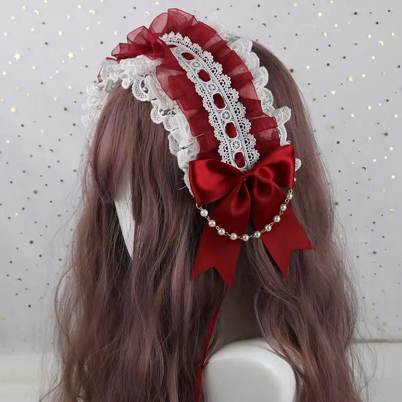 Ruffled Lace Headpiece Headband Weet Lolita Bowknot Maid Headdress Women Girls Japanese Style Crisscross Ribbon Pearls Beaded