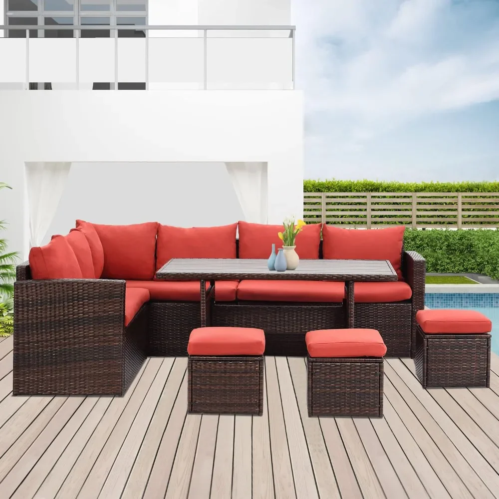 

Outdoor Sofa Set, Outdoors Furniture Set, 7 Piece Outdoor Dining Sectional Sofa Dining Table And Chair Couch Sofa Furniture