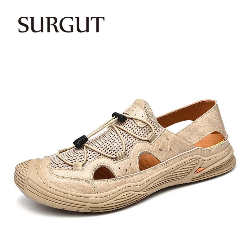 

Мужские уличные сандалии SURGUT, светло-коричневые сетчатые пляжные сандалии с нескользящей подошвой, мягкая повседневная обувь для лета,