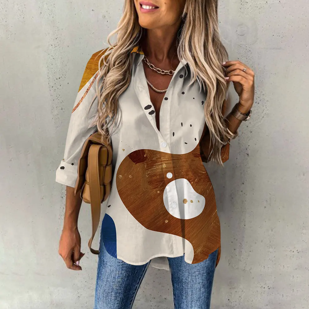 Vrouwen Shirts & Blouses Mode Geometrische Print Shirts Casual Mode Alledaagse Basis Shirt Zomer Dames Lange Mouw Losse Blouses