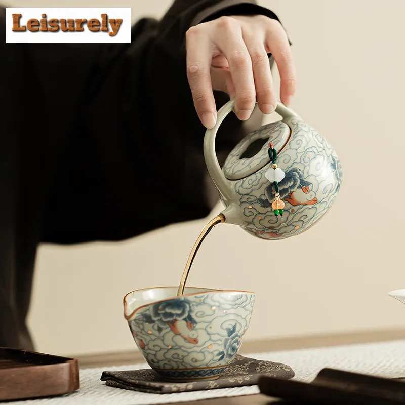 203ml Cloud Rabbit Ru Kiln Porcelain Lifting Beam Teapot Ancient Tea Infuser Pot Tea Maker Kettle With Ball Hole Teaset Ornament