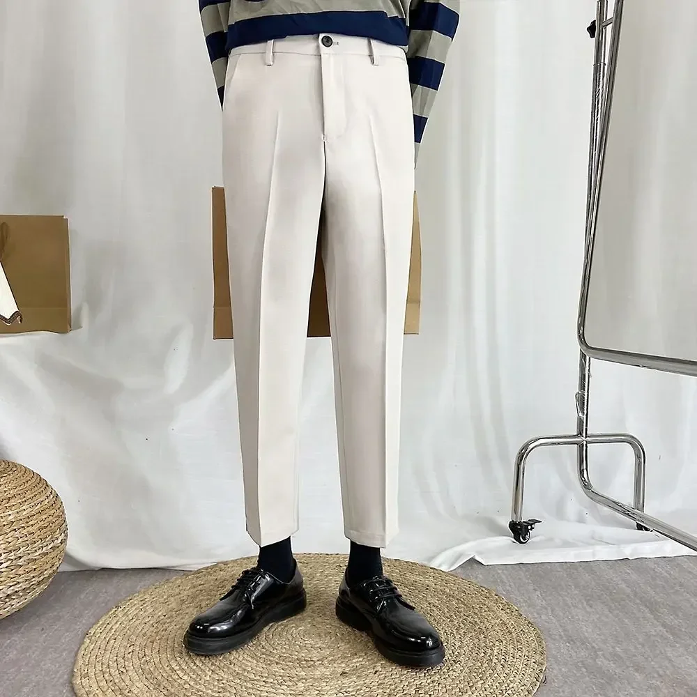 thumbnail image 1 of 9 Pantalones de traje negros recortados para hombre, pantalones de verano para hombre, ajustados, baratos, chinos, finos, informales, formales, elegantes, 2024, 1 of 5