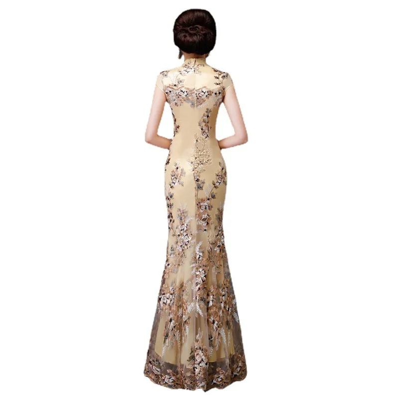 Oversize 3XL Chinese Sexy Embroidery Oriental Party Female Cheongsam Stage Show Qipao Dress Elegant Celebrity Banquet Dresses
