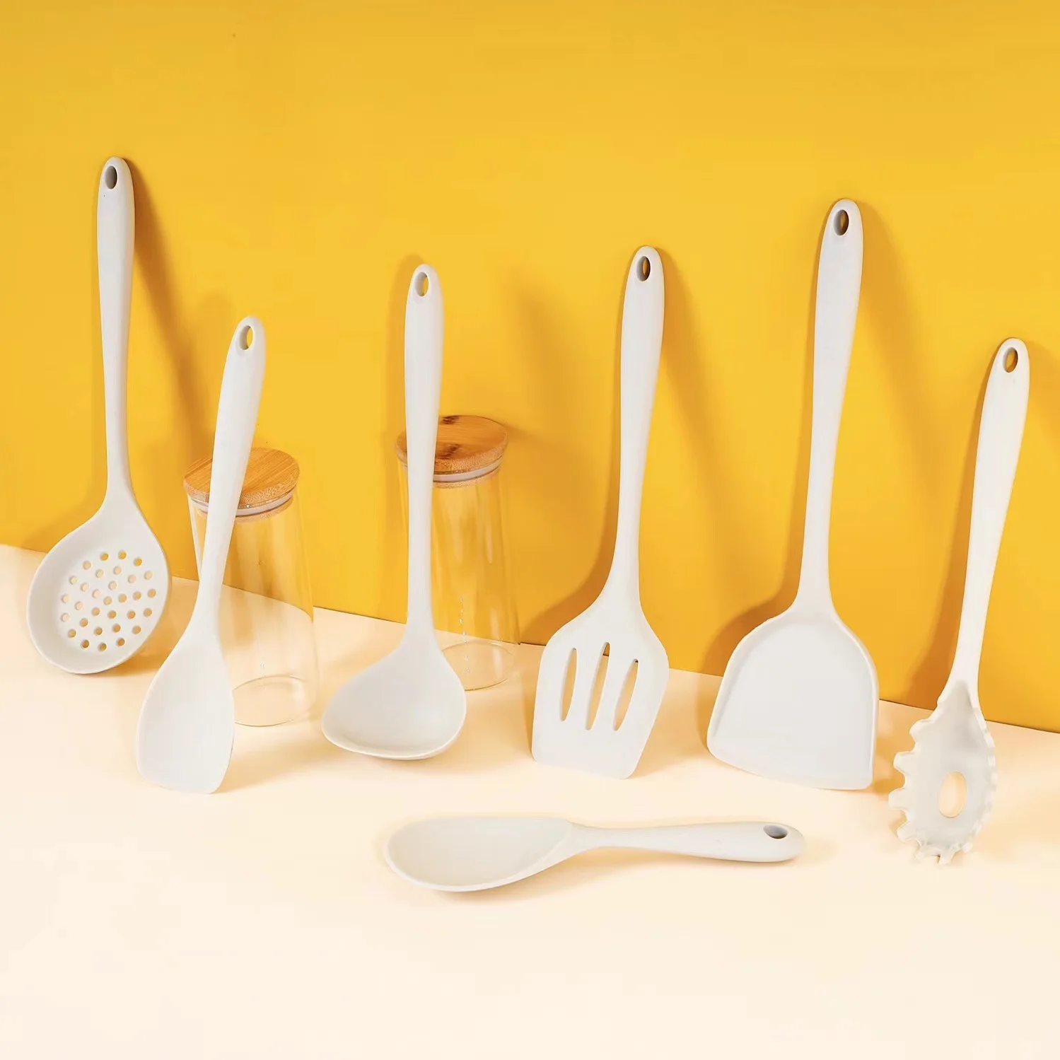 Description Picture 2 of itemHeat Resistant Silicone Cooking Utensil Set White Spatula Soup Spoon Brush Ladle Pasta Colander Non-stick Cookware Kitchen Tools