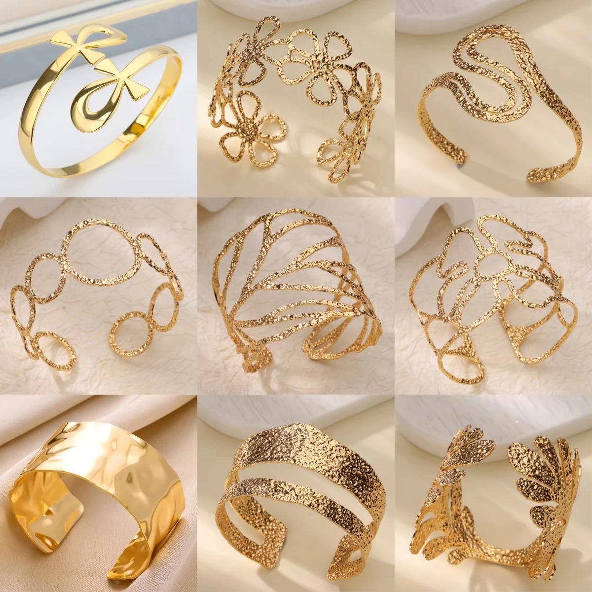 Gold Color Geometric Aesthetic Flower Leaf Bangle - Stainless Steel Bracelet