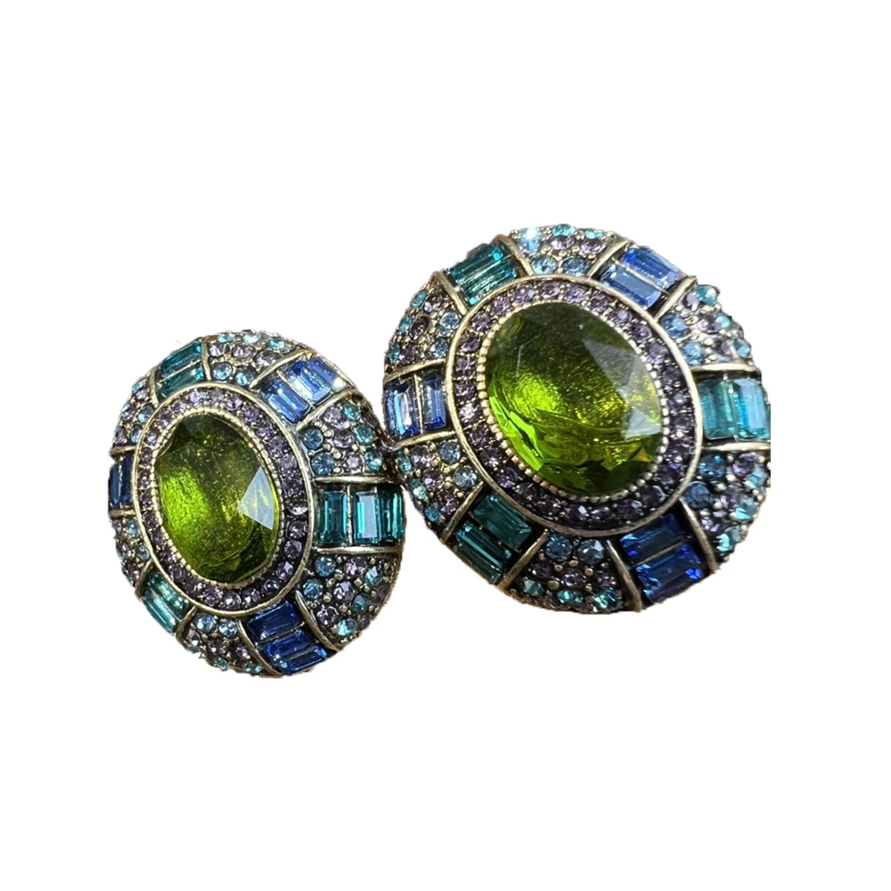 Temperament Vintage Green Glass with Rhinestone Earrings for womens girl  gift ear clip  jewelry Accessories
