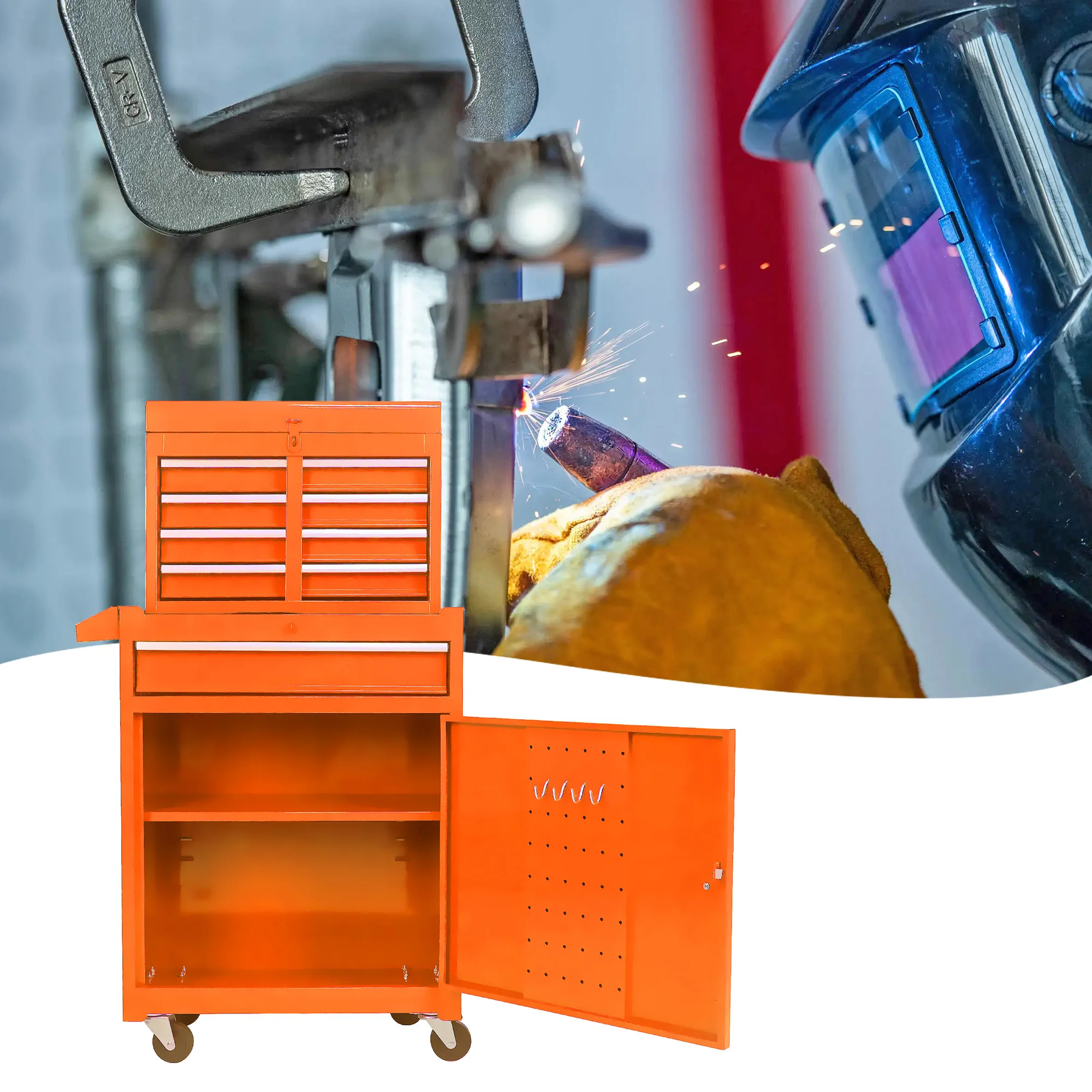 Stapelbare Werkzeugkiste mit 5 Schubladen, Orange | Rollbares Design mit Abnehmbarem Deckel & Verstellbaren Regalen für die Garage – Detail 15