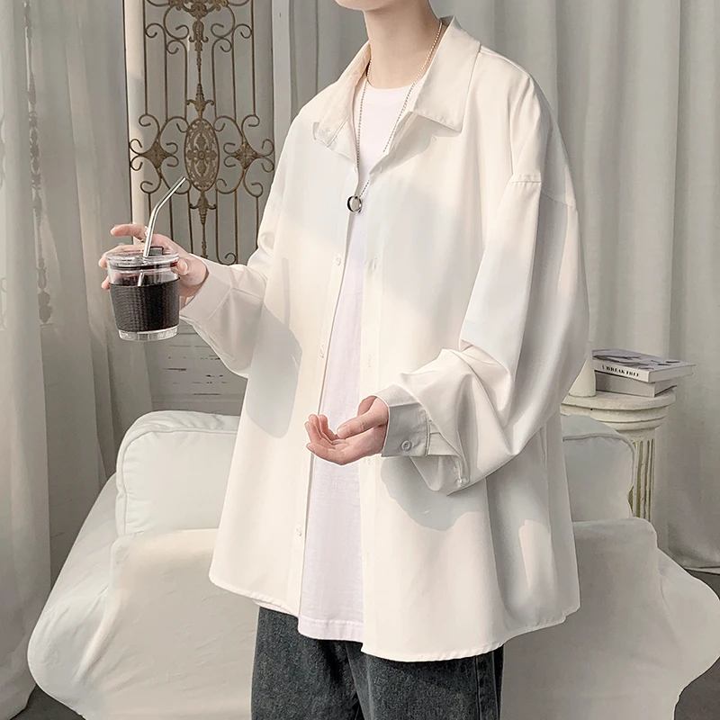 

Ice Silk Shirts Men Oversized Shirts Black Long-sleeved Comfortable Blouses Casual Solid Color Loose Single Breasted Shirt Coat