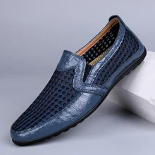 

Men Summer Fashion Cowhide Add Mesh Cloth Casual Shoes Male Hollow Breathable Lightweight Concise Style Soft Leisure Shoe N1-33