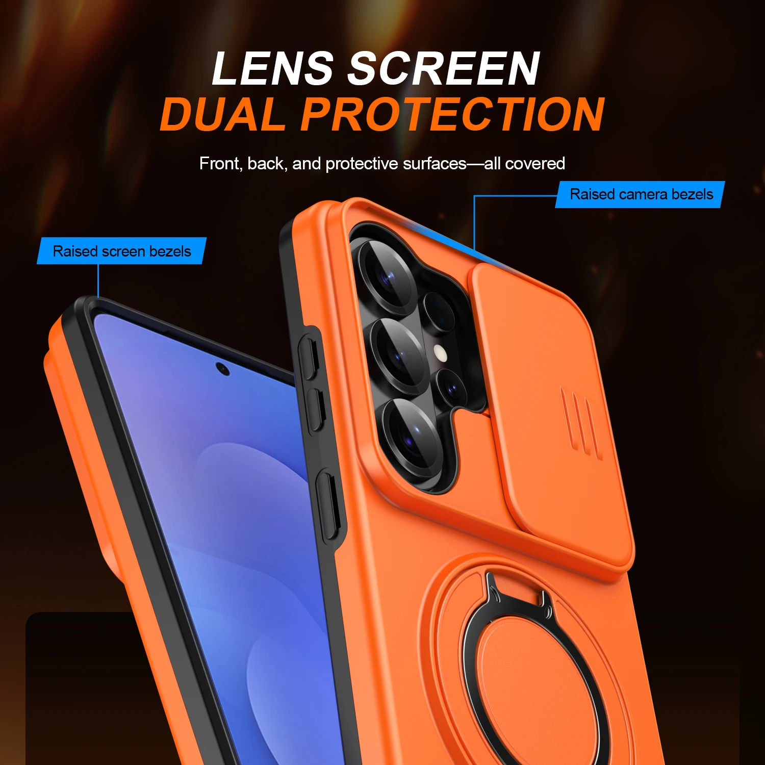 Magnetic Ring Stand Phone Case with Slide Camera Lens Protection and Durable Hybrid Design