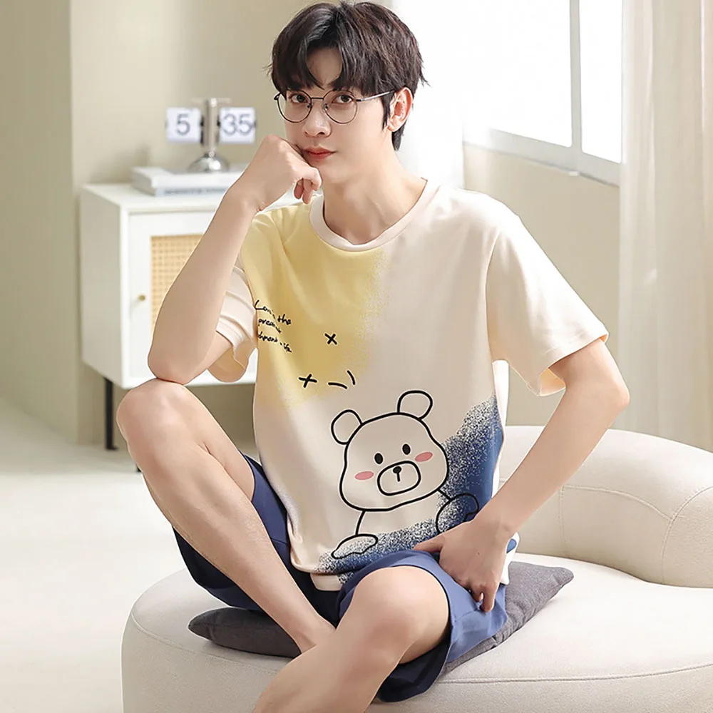 L-3XL 100% Cotton Anti-pilling Men's Pajamas Sleepwear 2024 Summer Cartoon Pajama Set Casual Breathable Pijamas Pijama Hombre