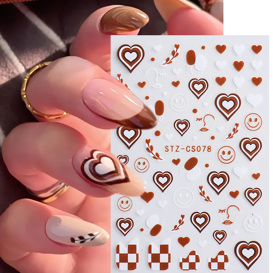 Coffee Pull Flower Heart Nail Stickers Brown Abstract Face Smile Leaf Checkerboard Slider French Tips 3D Manicure NLSTZ-CS078 nail stickers nail art decoration nail decals flower stickers