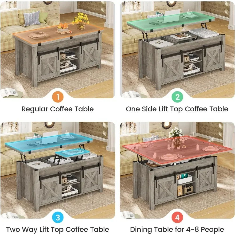 Lift Top Coffee Table, 4 in 1 Multi-Function Convertible Coffee Tables with Storage and Hidden Compartment, Farmhouse Cof