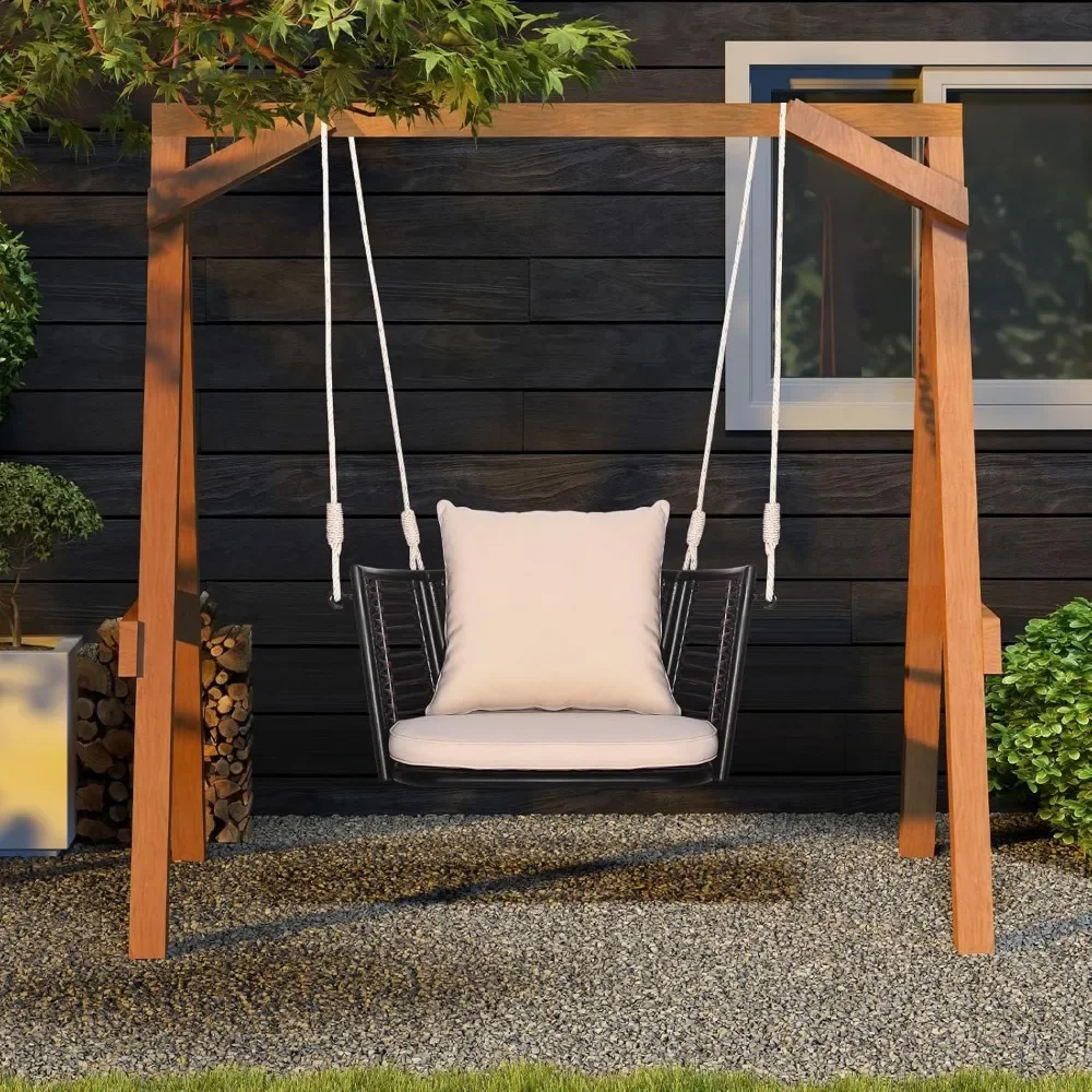 Outdoor Metal Porch Swing, Single Person Hanging Seat with/Woven Rattan Backrest, 2 Sturdy Hanging Ropes, Seat & Back Cushion 4