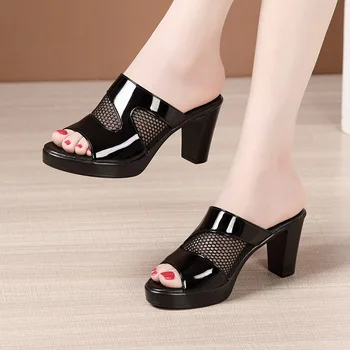 Comemore Slipper Female Block Heel Platform Slippers Slides Women 2022 New High Heels Ladies Office Women's Summer Shoes Sandals 1