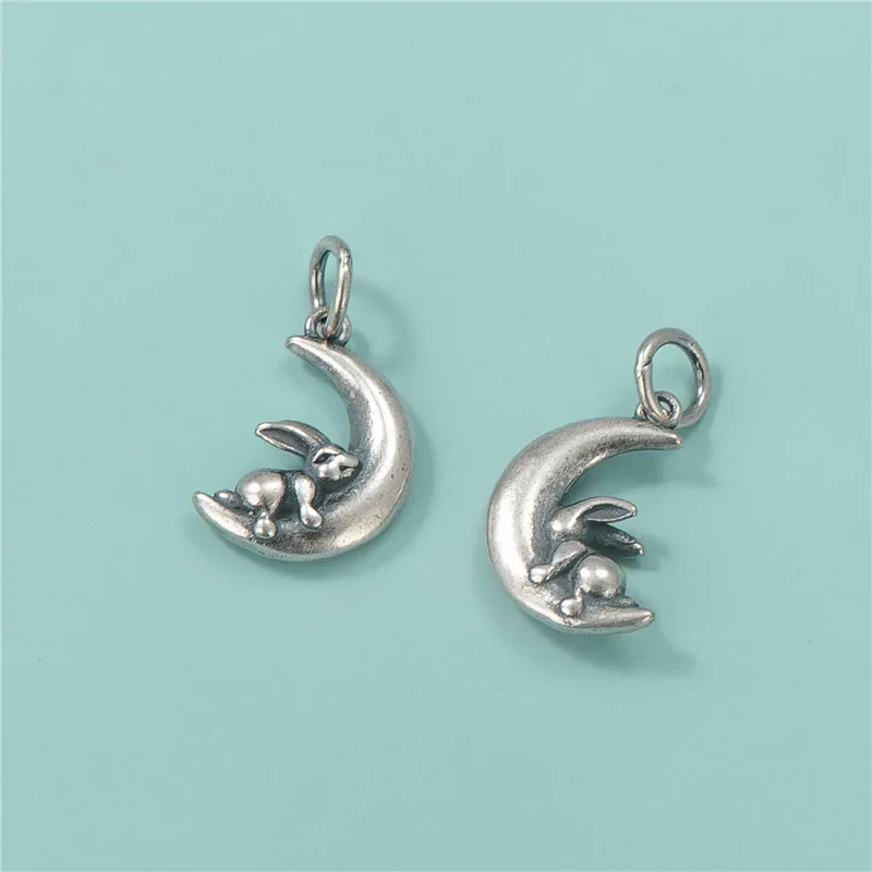 TrustDavis Real 925 Sterling Silver Fashion Sweet Cute Moon Rabbit Charm Pendant Handmade DIY Accessories Fine Jewelry HY495