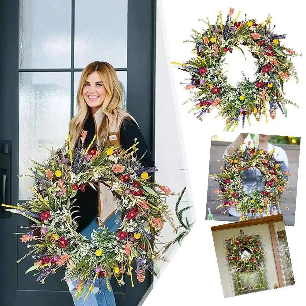 

Spring Colorful Wreath Mixed Flower Wreaths 35cm Wildflower Garland Door Wreaths For Front Door Outside Wall Window Decor V2a8