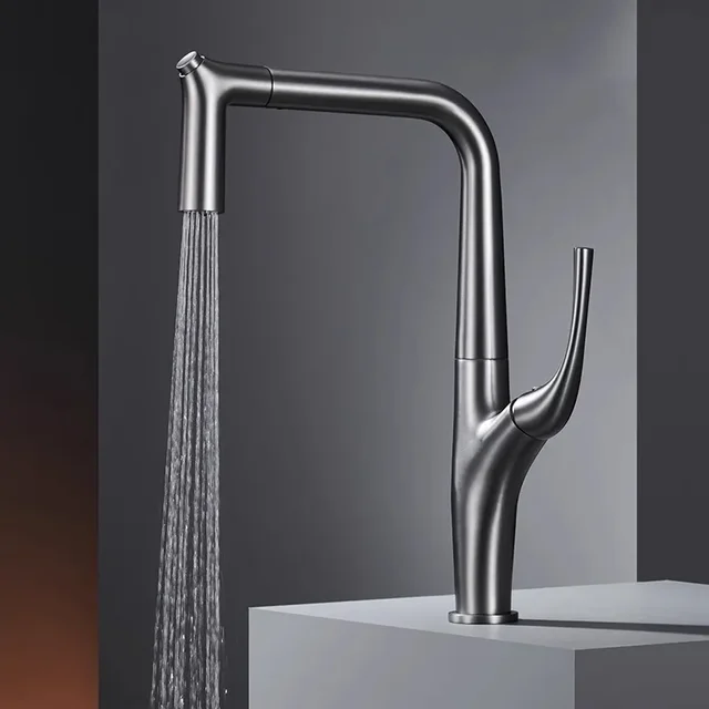 ดึงกรองน้ําแตะทองเหลืองเครนสําหรับดาดฟ้าติดตั้งอ่างล้างจานสีดําผสม 3 ทิศทางก๊อกน้ําห้องครัว 1