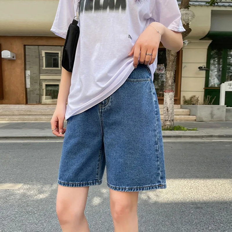 여성용 하이 웨이스트 청바지, 데님 반바지, 레트로 와이드 레그, 헐렁한 스트리트웨어, 워싱 데님 바지, 그런지 베이직 슬루시 블루 반바지, 2024