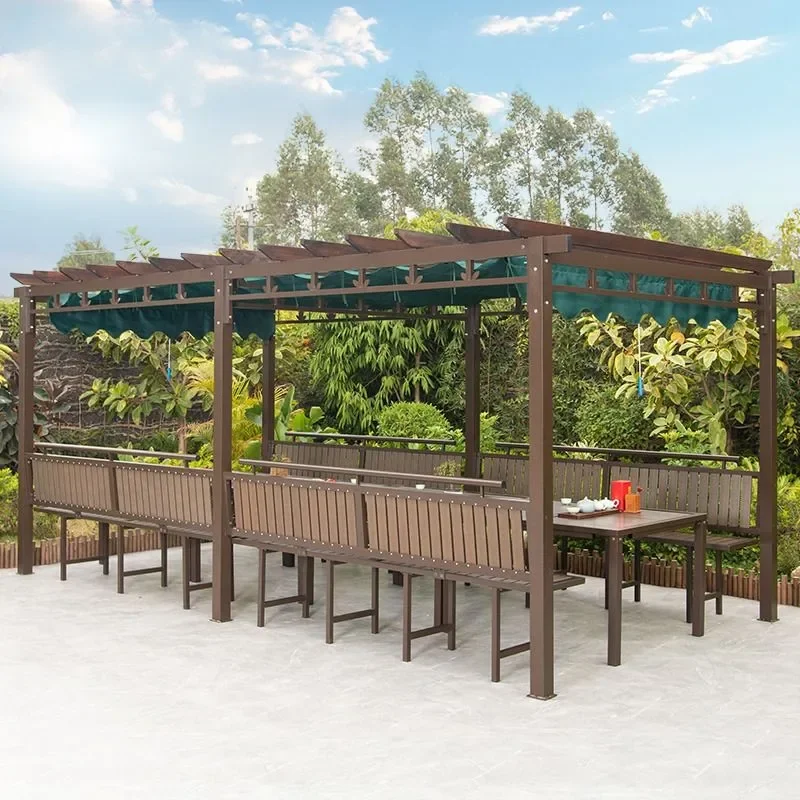 Outdoor Grape Arbor for Courtyard Aluminum Alloy Sunshade Canopy Gallery Flower Shelf with Carbonized Wood Leisure