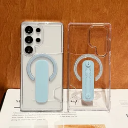 Luxury Clear Magnetic Card Holder Phone Case - Shockproof Bracket Bumper Cover - Galaxy S24 PLUS (Sky Blue)