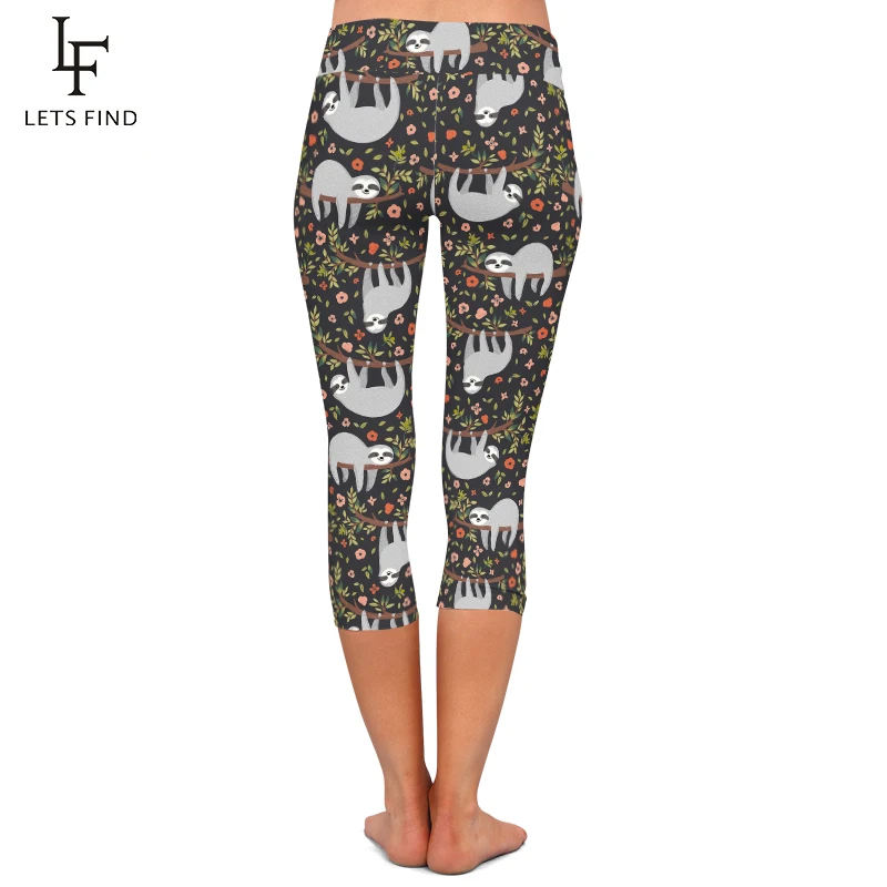 LETSFIND Summer New Women Pants Funny Sloth and Flowers Print Capri Leggings High Waist Elastic Slim Mid-Calf Leggings
