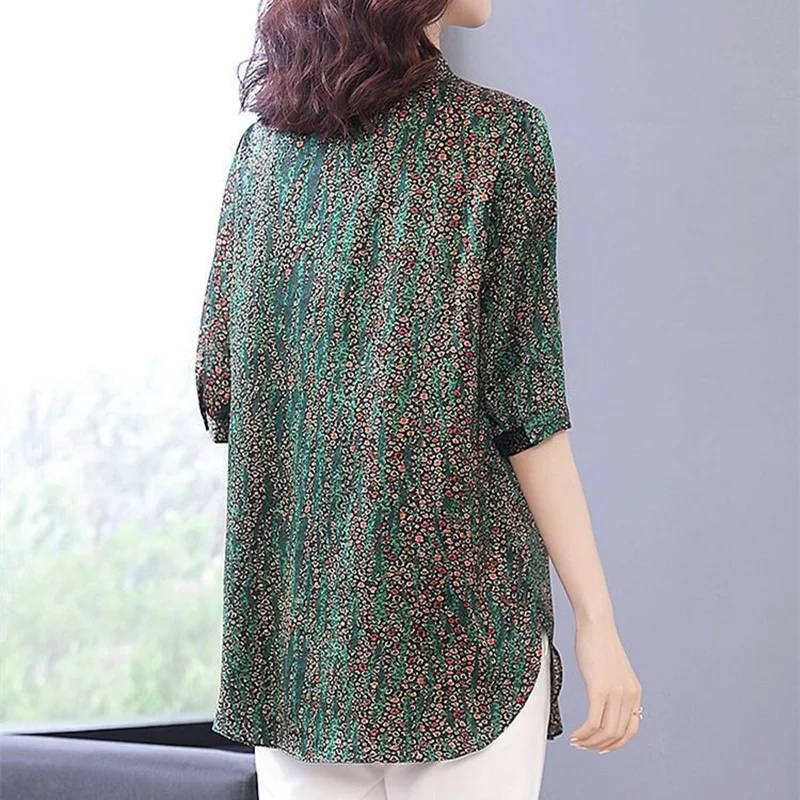 Vintage Printing V-Neck Folds Floral Chiffon Blouses Women's Clothing 2024 Summer New Loose All-match Tops Office Lady Shirts