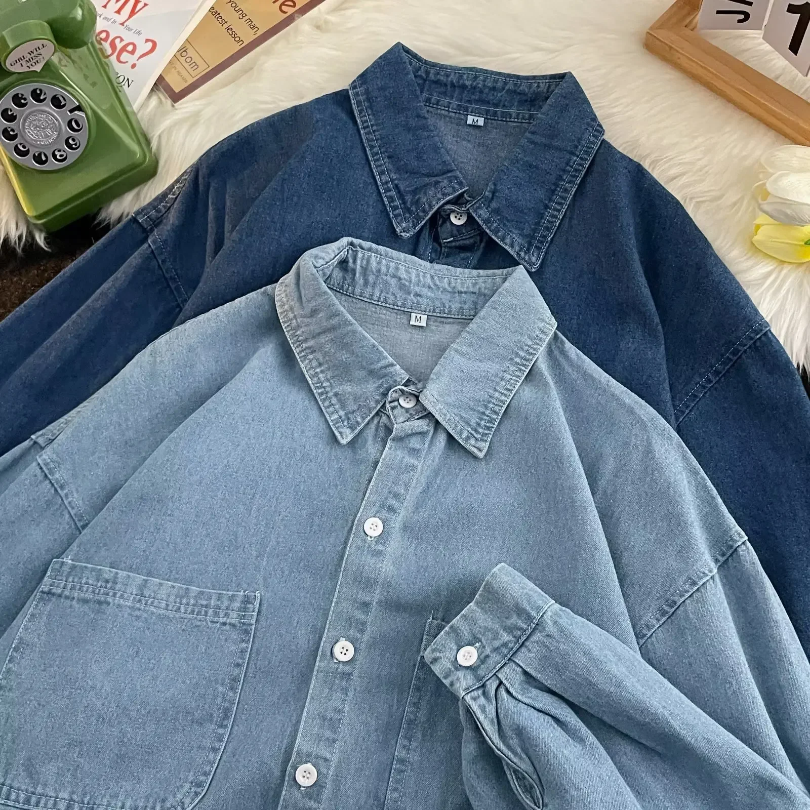 Fall Fashion High Street Retro Men's Denim Shirt Long Sleeve Turn-down Collar Outerwear Casual Simple Design Classic Style