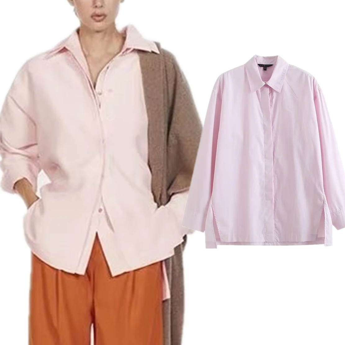 

Dave&Di French Fashion Simple Long-Sleeved Shirt Pink Elegant CottonCommuting Casual Shirt Tops For Women