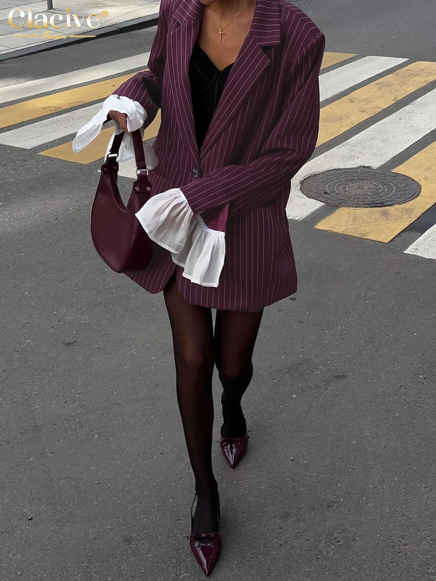 Clacive Fashion Loose Wine Red Stripe Women's Blazer Winter Lapel Long Sleeve Coats Elegant Blazers Top Female Clothing